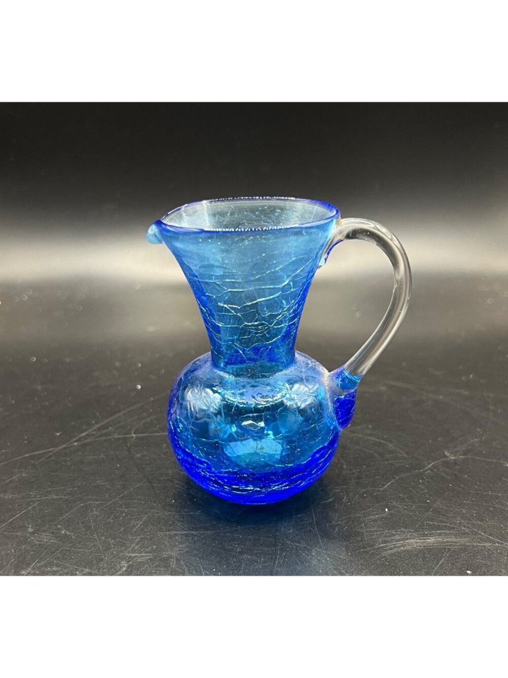 Hand-Blown Blue Crackle Glass Mini Pitcher Clear Handle Vintage Accent Piece